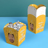Custom Face Golden Birthday Treat Boxes - 12 Ct