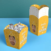 Custom Face Golden Birthday Treat Boxes - 12 Ct