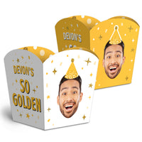 Custom Face Golden Birthday Treat Boxes - 12 Ct