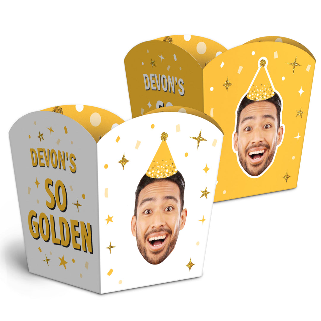 Custom Face Golden Birthday Treat Boxes - 12 Ct