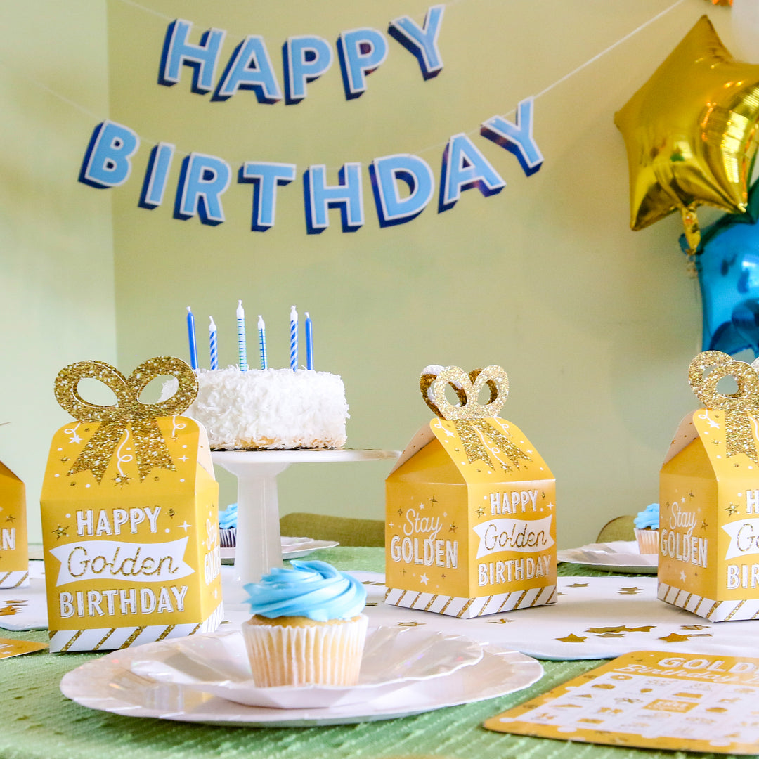 Golden Birthday - Square Favor Gift Boxes - Happy Birthday Party Bow Boxes - Set of 12