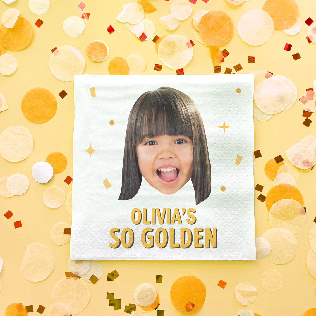 Custom Napkin with a photo and 'OLIVIA'S SO GOLDEN' text for a golden birthday party