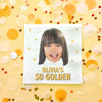 Custom Napkin with a photo and 'OLIVIA'S SO GOLDEN' text for a golden birthday party