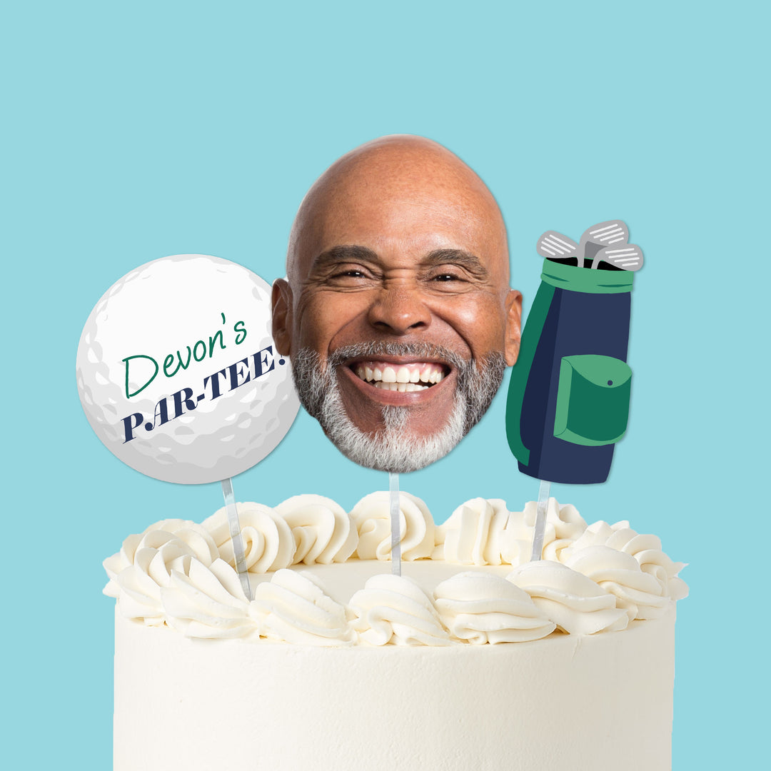 Golf Par-Tee custom cake topper with photo face golf ball and bag