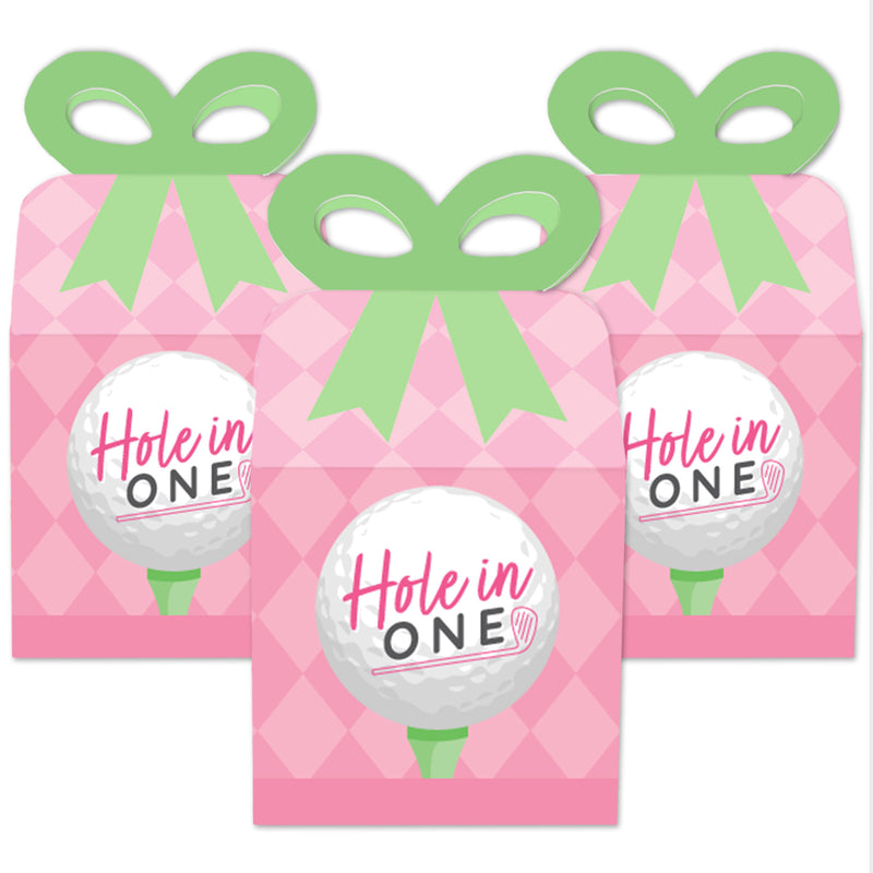 Golf Girl - Square Favor Gift Boxes - Pink Birthday Party or Baby Shower Bow Boxes - Set of 12