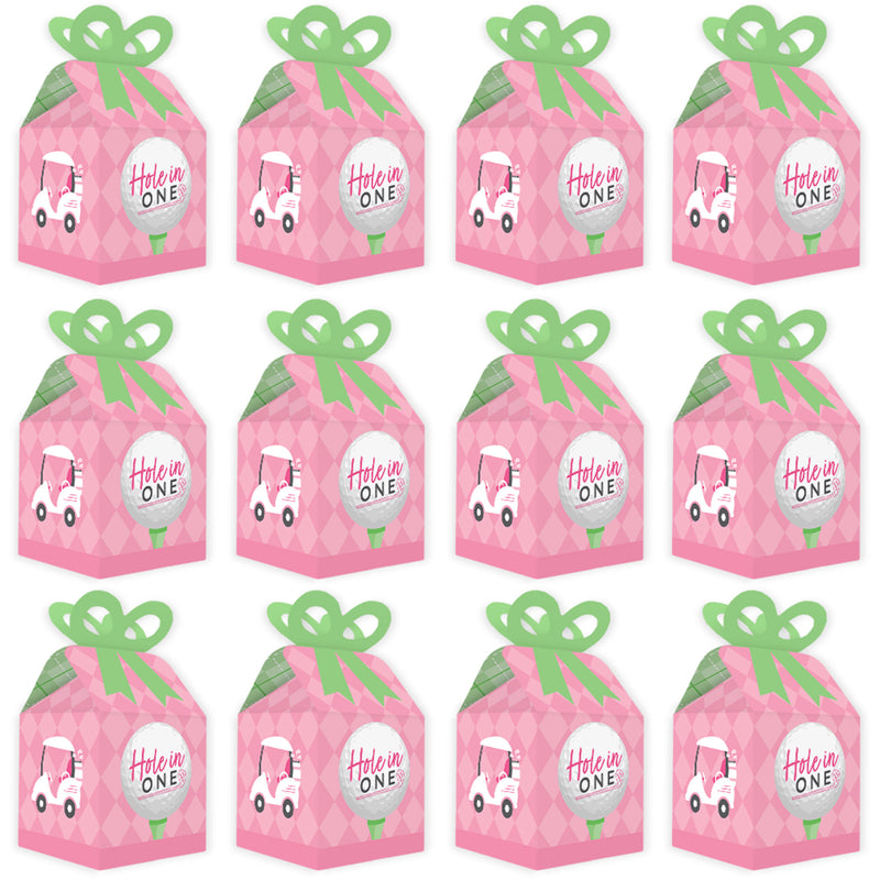 Golf Girl - Square Favor Gift Boxes - Pink Birthday Party or Baby Shower Bow Boxes - Set of 12
