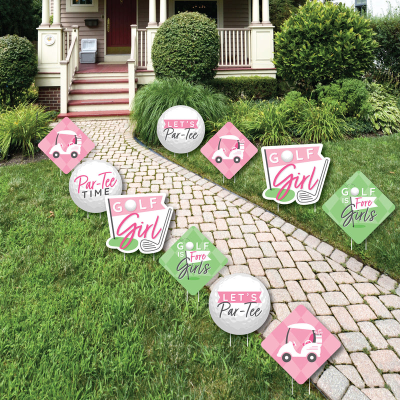 Golf Girl - Lawn Decorations - Outdoor Pink Birthday Party or Baby Shower Yard Decorations - 10 Piece