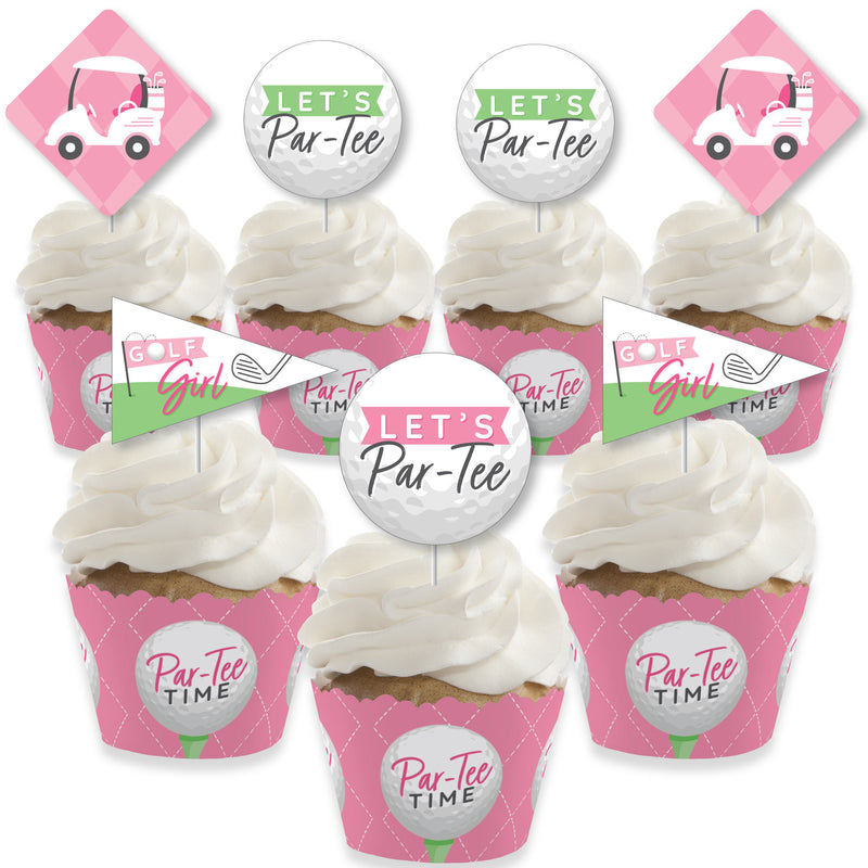 Golf Girl - Cupcake Decoration - Pink Birthday Party or Baby Shower Cupcake Wrappers and Treat Picks Kit - Set of 24