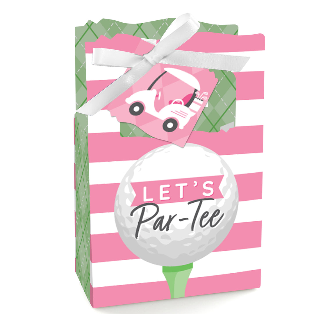 A pink striped favor box with a golf ball design, a cartoon girl, and the text 'LET'S Par-Tee' on it, tied with a ribbon.