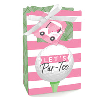 A pink striped favor box with a golf ball design, a cartoon girl, and the text 'LET'S Par-Tee' on it, tied with a ribbon.