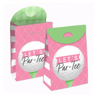  Favor bags for golf-themed events featuring a pink color scheme with a green golf ball design, text reads 'Let's Par-Tee'. The bags are closed at the top with a green flap.