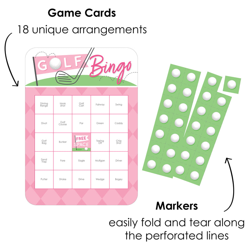 Golf Girl - Bingo Cards and Markers - Pink Birthday Party or Baby Shower Bingo Game - Set of 18