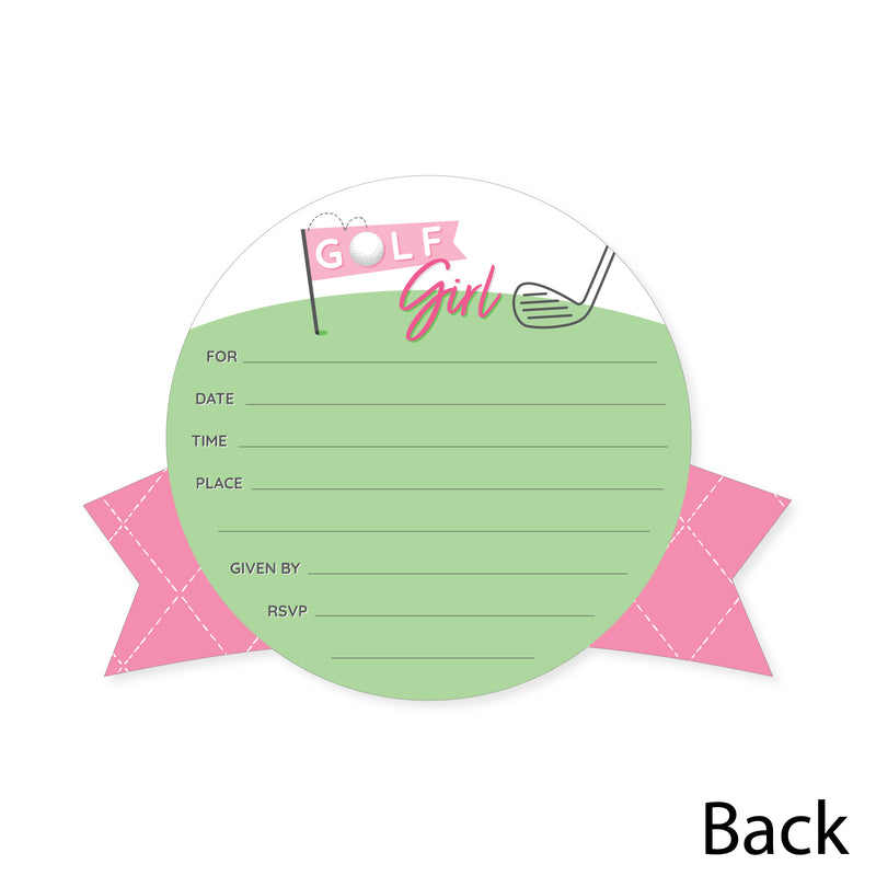 Golf Girl - Shaped Fill-In Invitations - Pink Birthday Party or Baby Shower Invitation Cards with Envelopes - Set of 12
