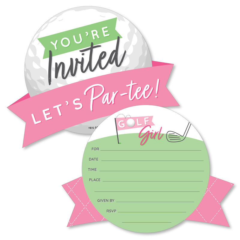 Golf Girl - Shaped Fill-In Invitations - Pink Birthday Party or Baby Shower Invitation Cards with Envelopes - Set of 12