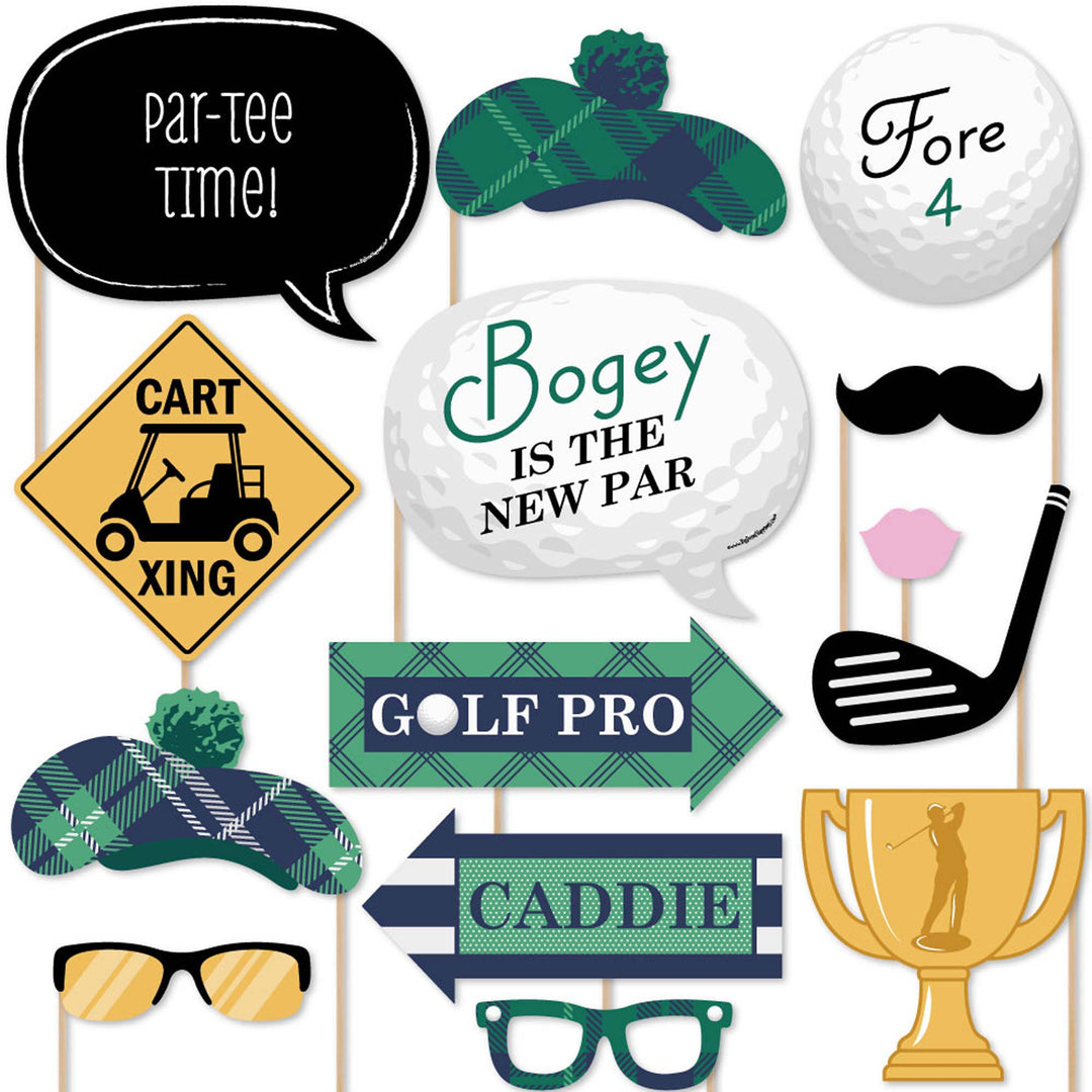 A collection of golf-themed photo booth props including signs, hats, glasses, and mustaches arranged against a white background.
