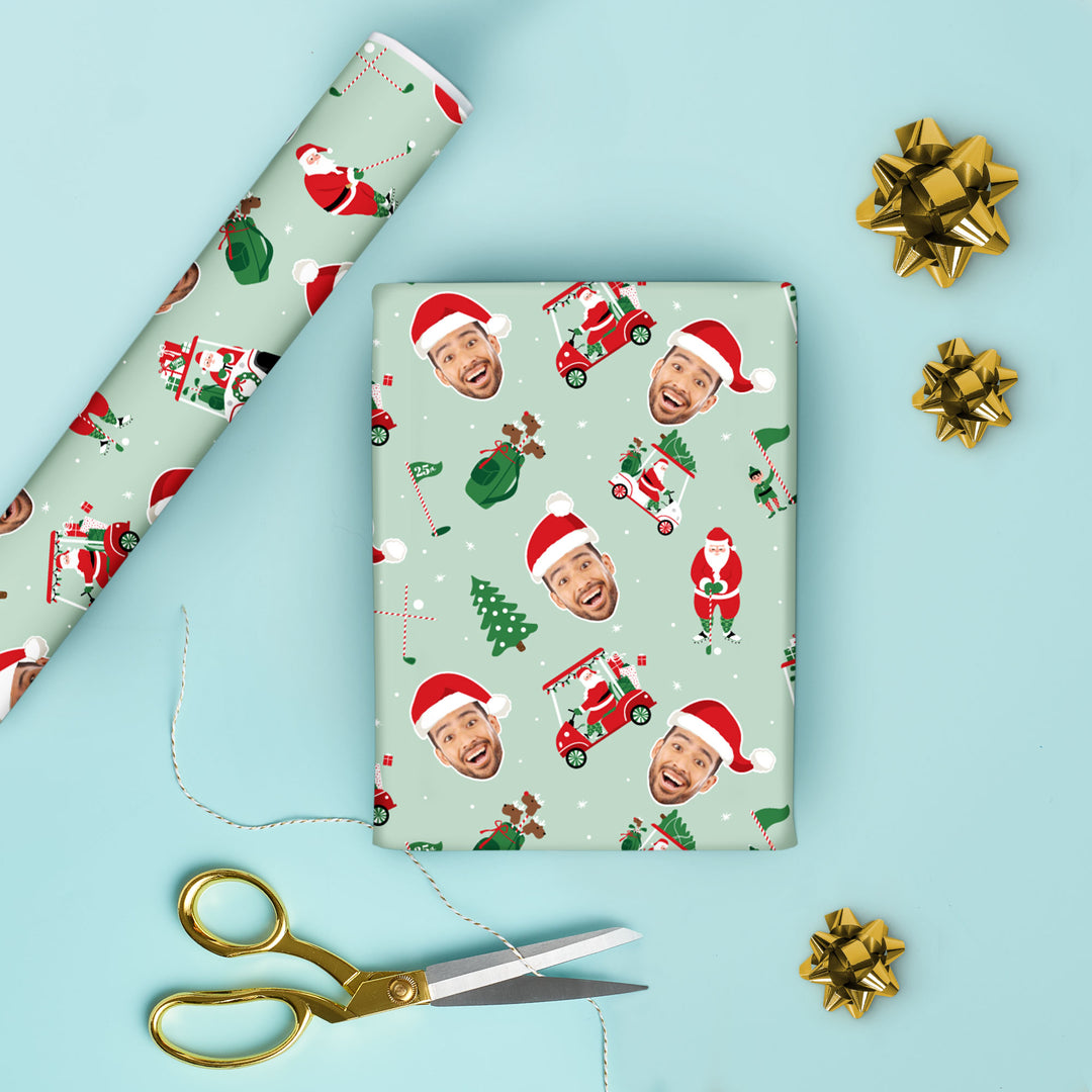 Custom Face Wrapping Paper - Golfing Santa