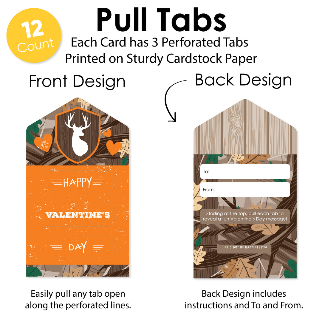 Gone Hunting - Deer Hunting Camo Cards for Kids - Happy Valentine’s Day Pull Tabs - Set of 12
