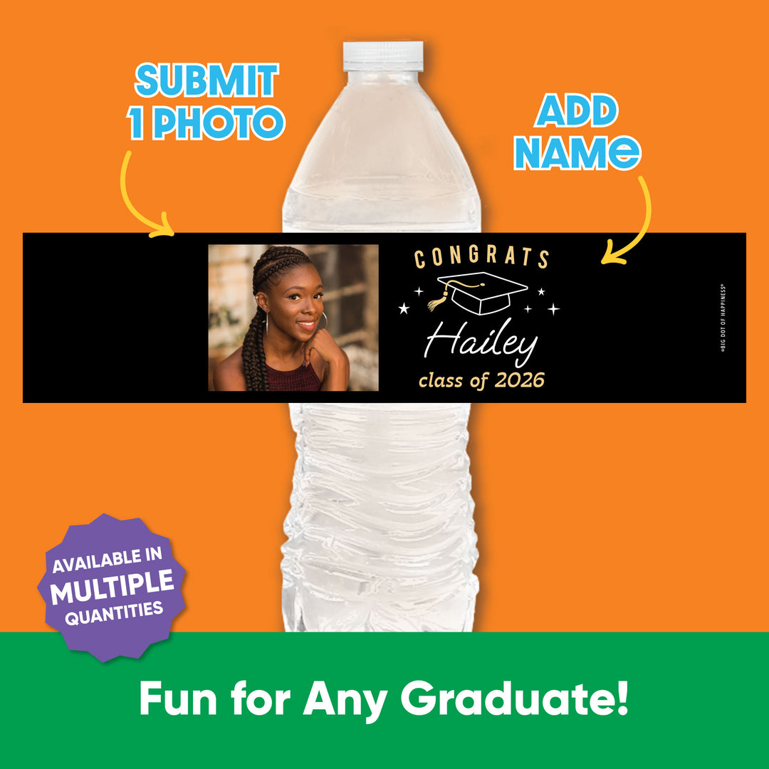 Custom Photo Black & Gold Graduation Water Bottle Labels