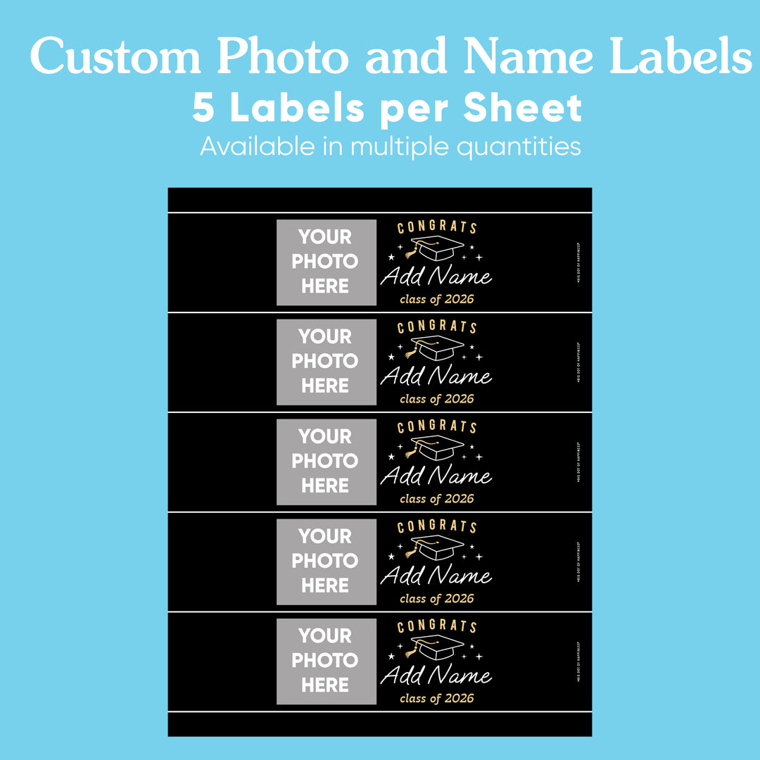 Custom Photo Black & Gold Graduation Water Bottle Labels