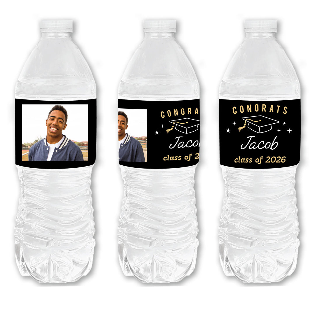Custom Photo Black & Gold Graduation Water Bottle Labels