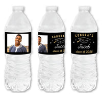 Custom Photo Black & Gold Graduation Water Bottle Labels