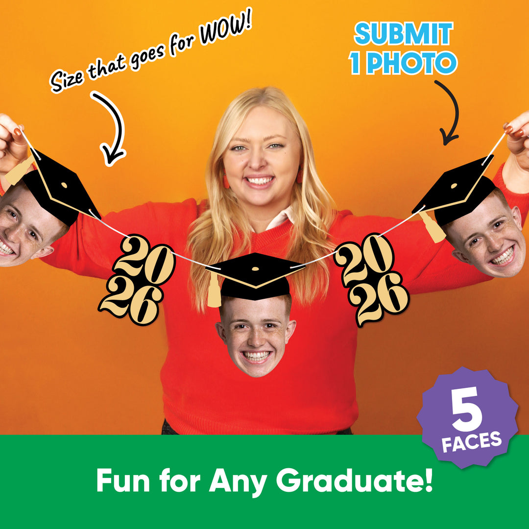 Five custom graduation face cutouts with black gold numbers