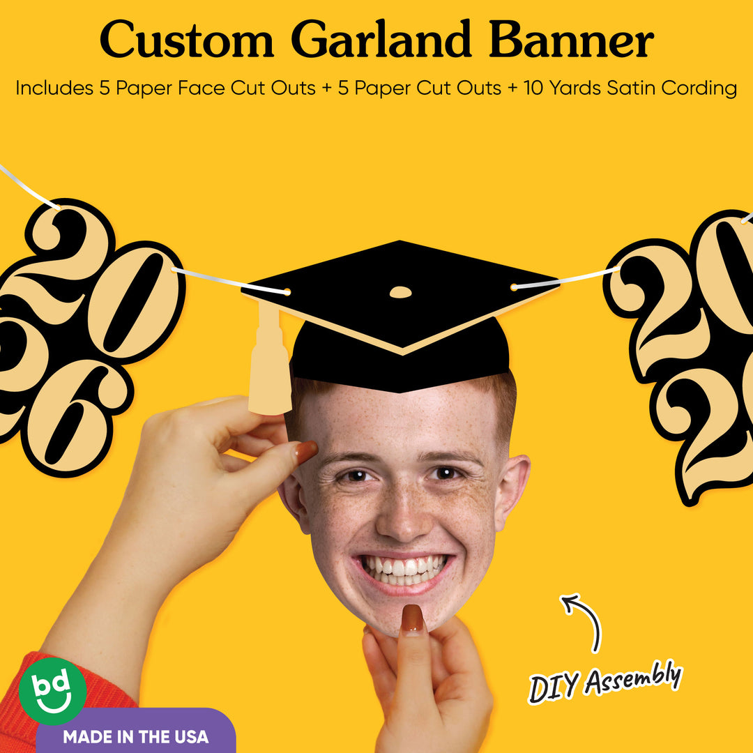 Graduation face cutout with cap and black gold 2026 design