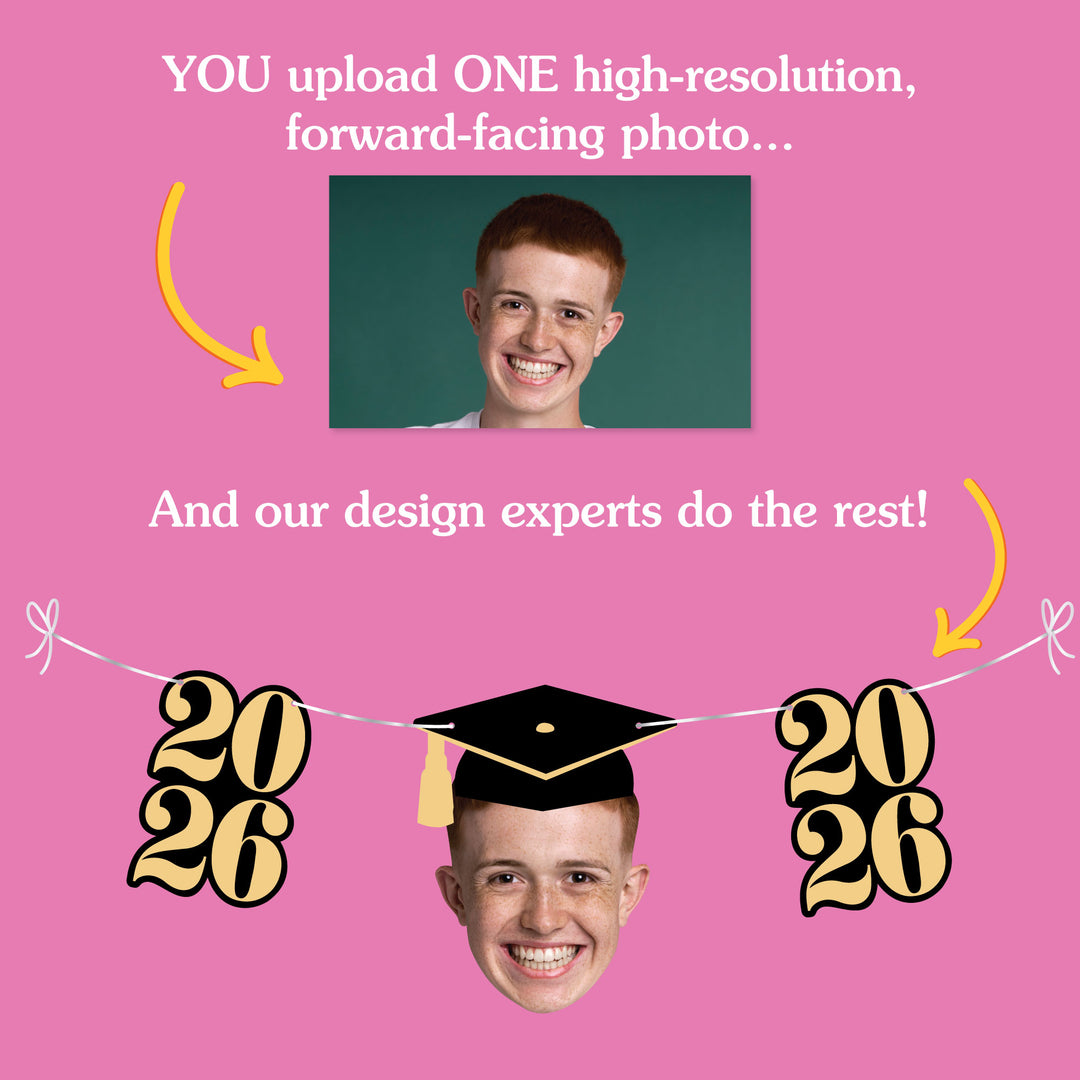 Promotional graphic for a photo customization service with a pink background, text, and a photo placeholder.