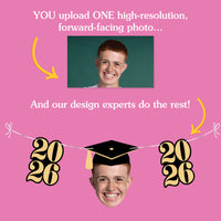 Promotional graphic for a photo customization service with a pink background, text, and a photo placeholder.