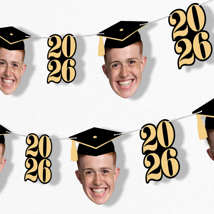 Black and gold graduation fun face garland banner with photo cutouts