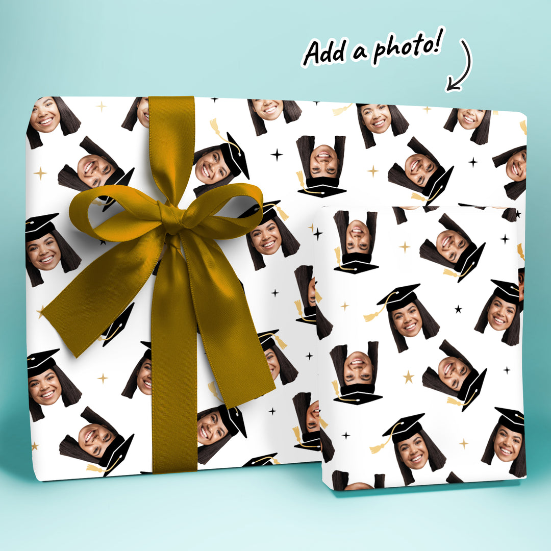 Personalized Photo Graduation Wrapping Paper, Black Cap with Gold Tassel