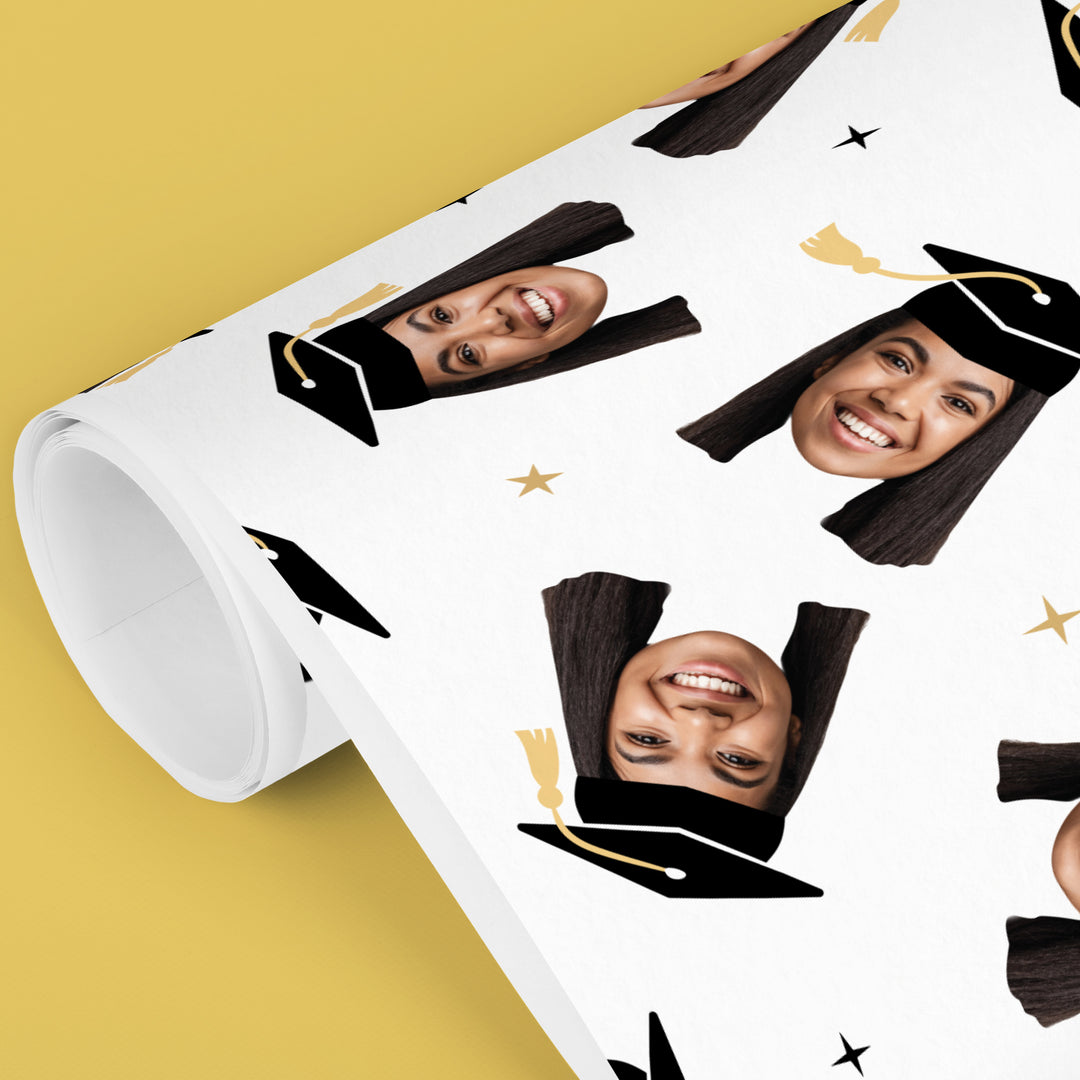 Personalized Photo Graduation Wrapping Paper, Black Cap with Gold Tassel