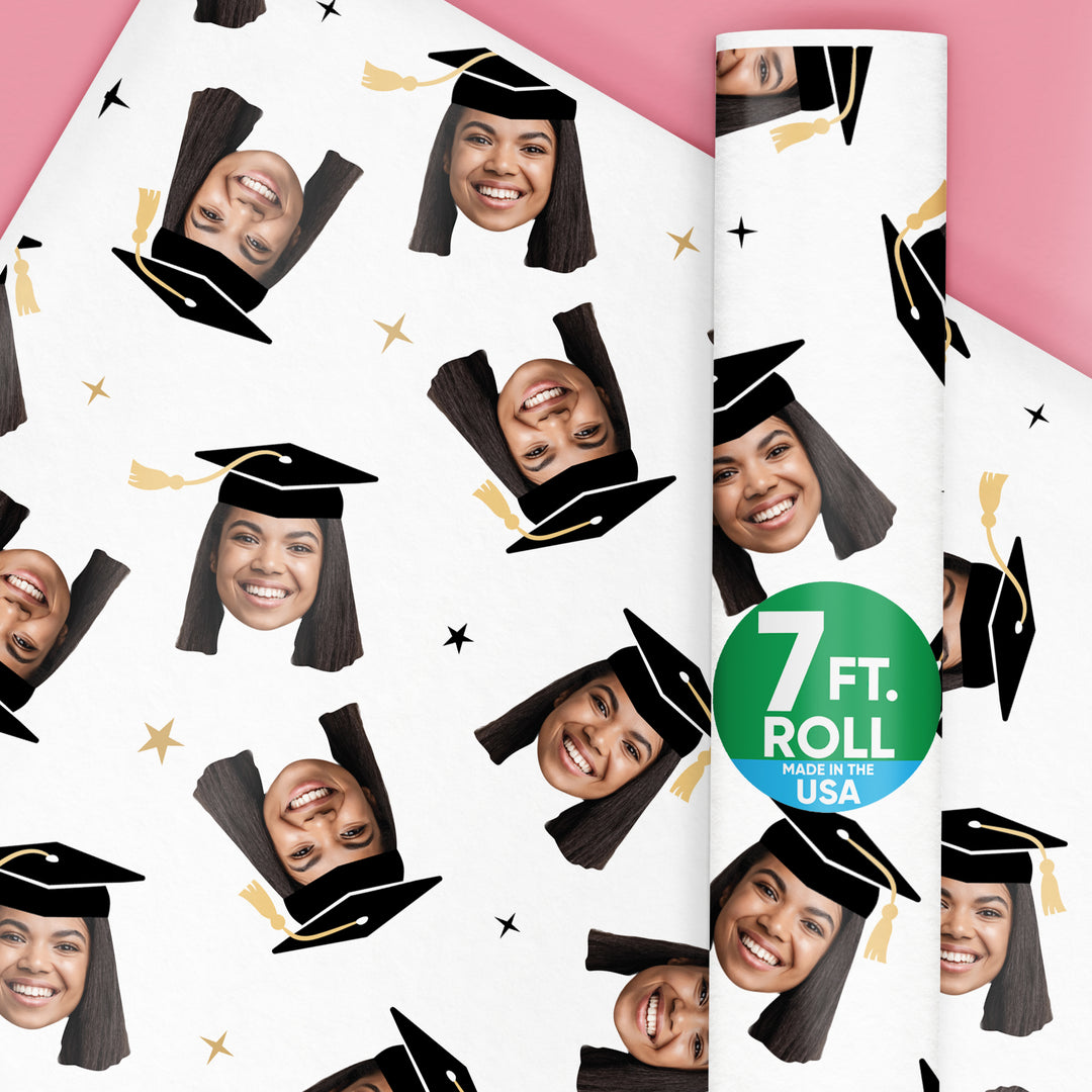 Personalized Photo Graduation Wrapping Paper, Black Cap with Gold Tassel