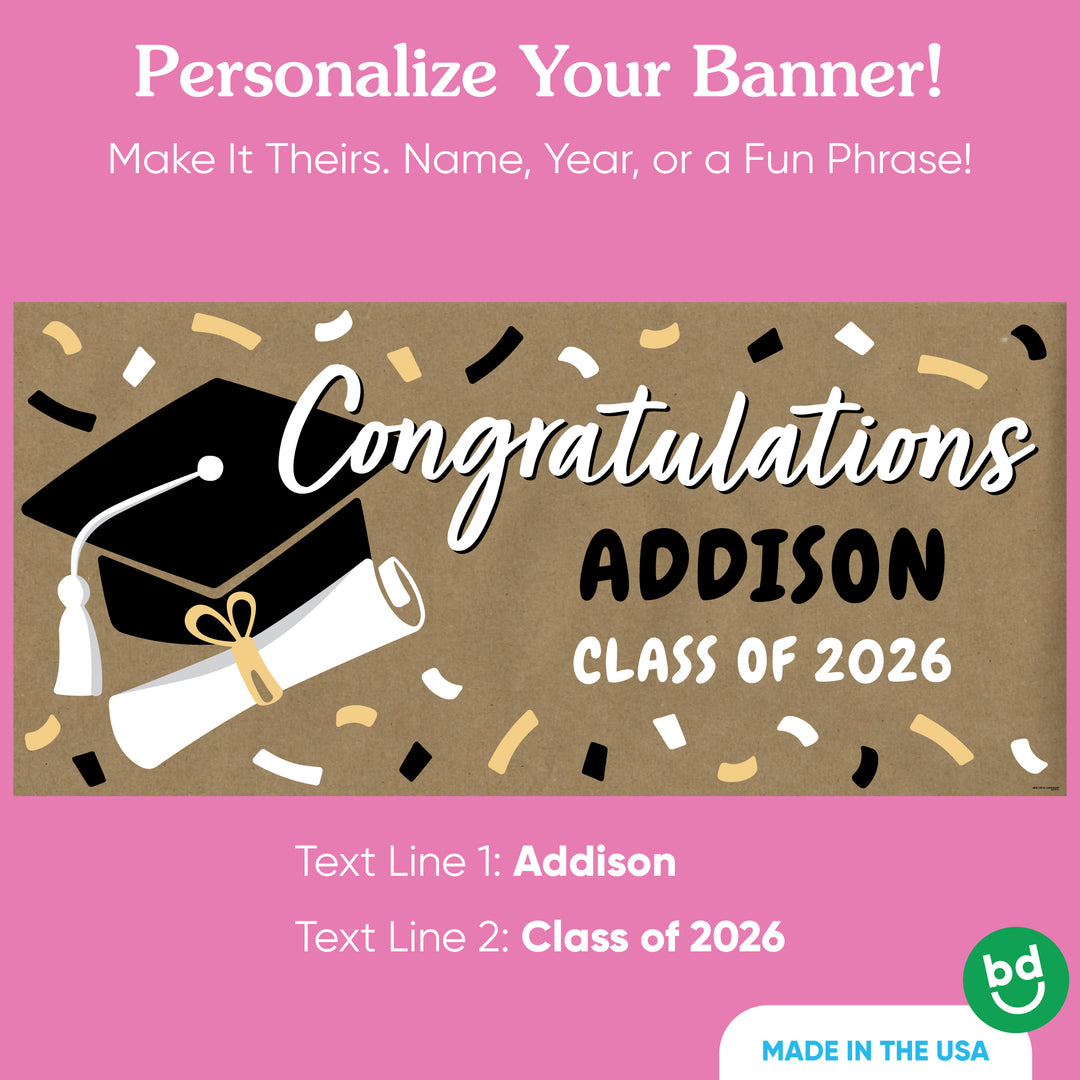 Custom name black graduation banner on kraft paper