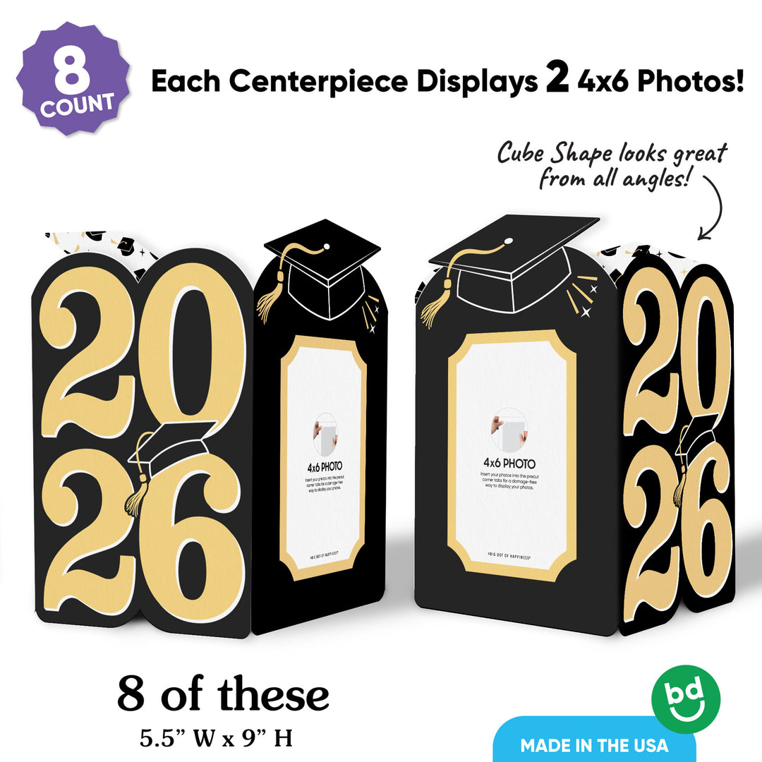 Black & Gold Graduation Photo Centerpieces - 8 Ct