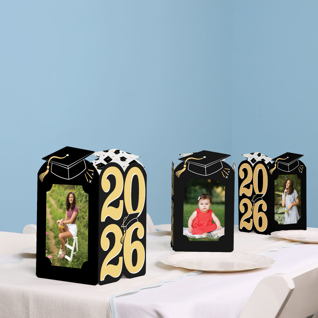 Black & Gold Graduation Photo Centerpieces - 8 Ct