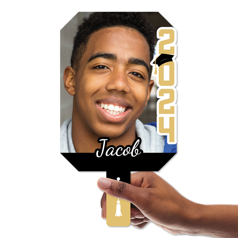 Big Dot of Happiness Custom Black & Gold Grad Photo Paddles, Class of 2024 Face Fans with Handles, Personalized Grad Big Head on Stick, Graduation Face Cutouts, Party Photo Booth Props, Black & Gold 3pc