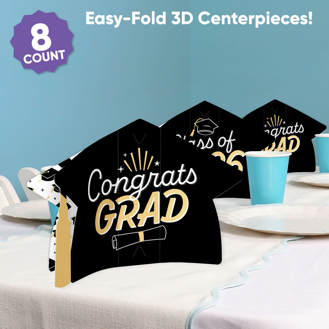 Black & Gold Graduation 3D Centerpieces - 8 Ct