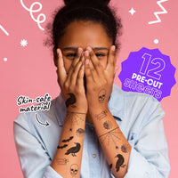 Person with Halloween temporary tattoos on a pink background with text about product features.