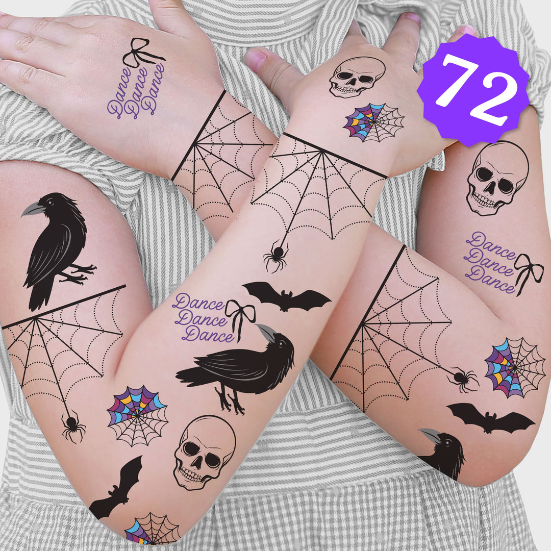 Halloween-themed goth tattoos temporary tattoos on a person's arm with visible brand '72'.