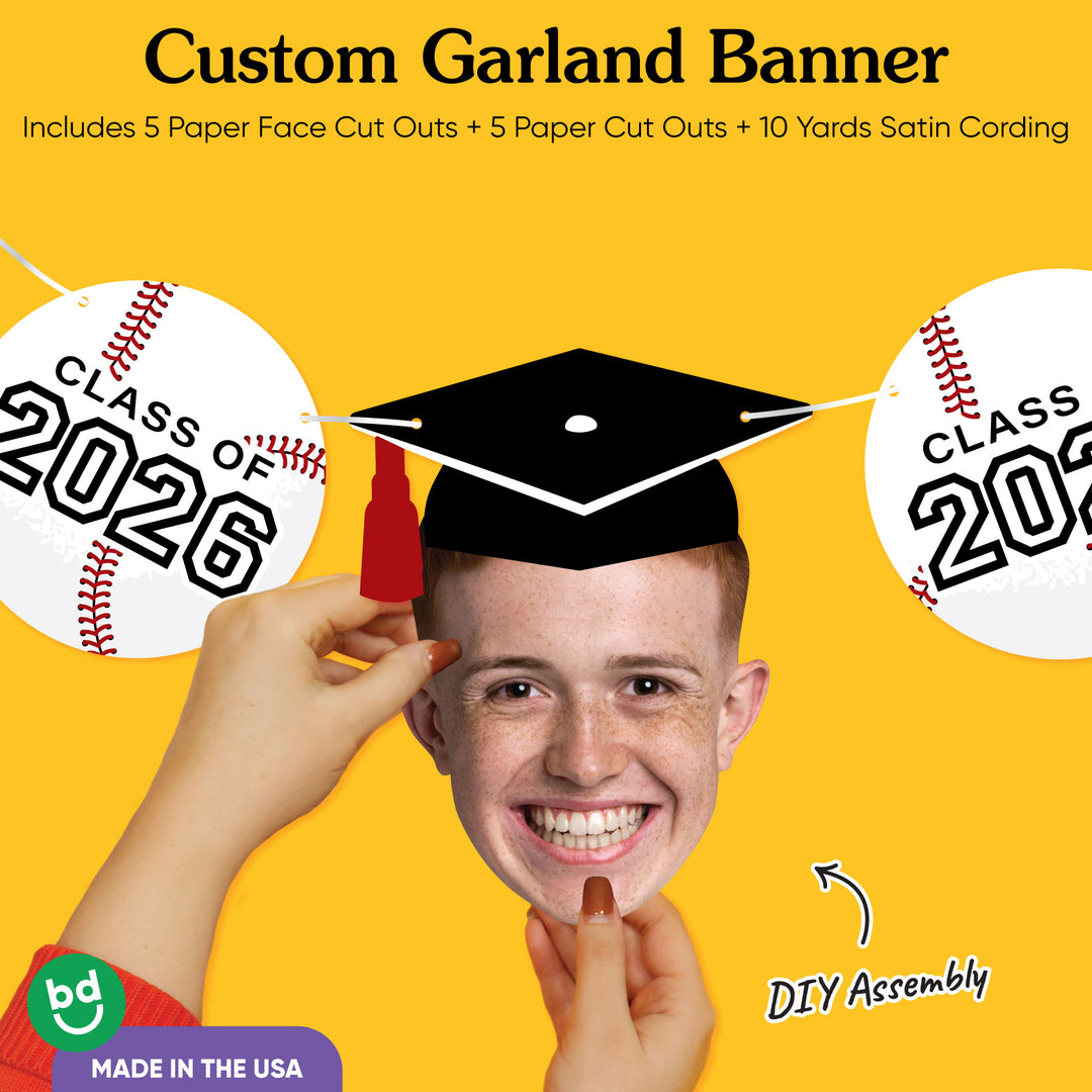 Graduation face cutout with cap and baseball Class of 2026 design