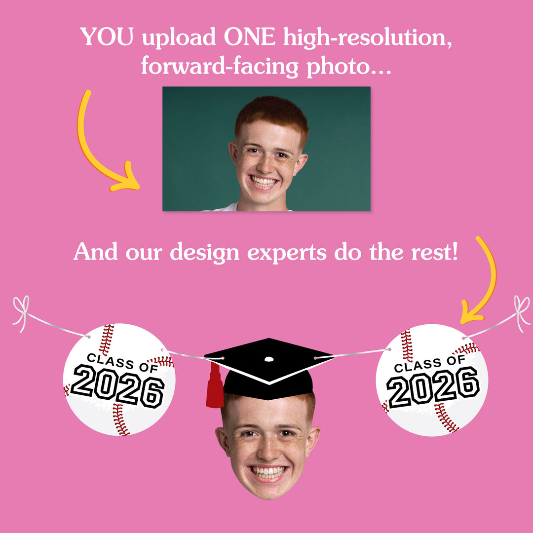 Promotional graphic for a photo customization service with a pink background, text, and a placeholder for a high-resolution photo.