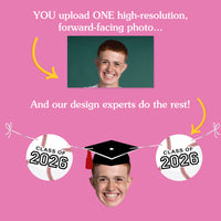 Promotional graphic for a photo customization service with a pink background, text, and a placeholder for a high-resolution photo.