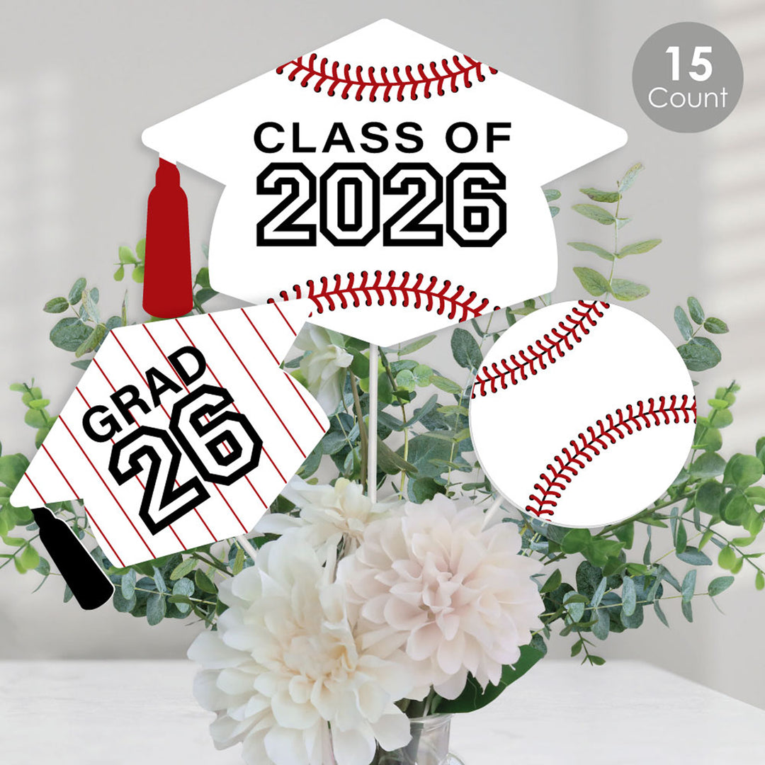 Grad Baseball - 2026 Graduation Party Centerpiece Sticks - Table Toppers - Set of 15