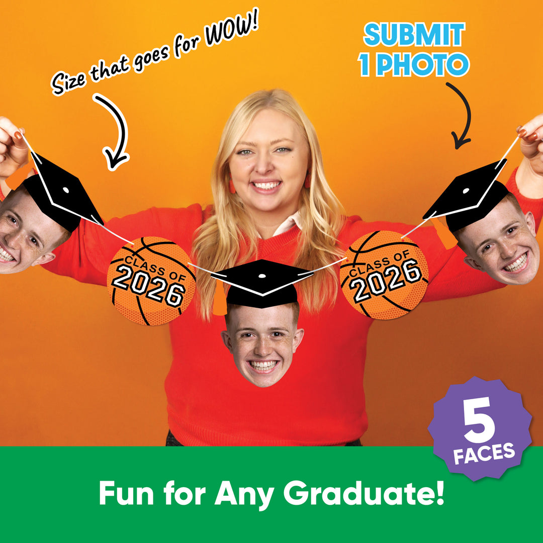 Set of 5 custom graduation face cutouts and basketball icons