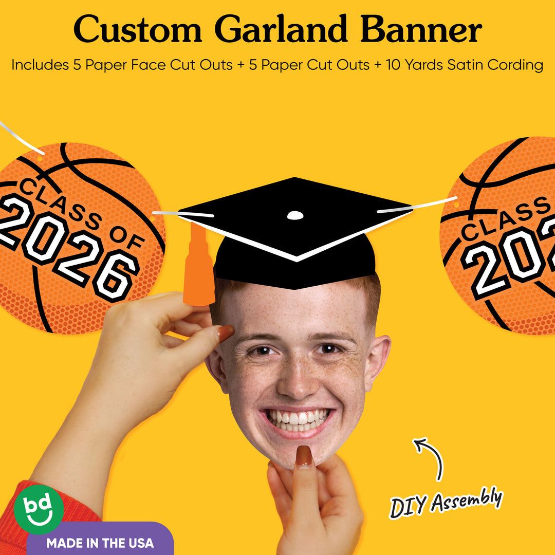 Graduation face cutout with cap and basketball Class of 2026 design