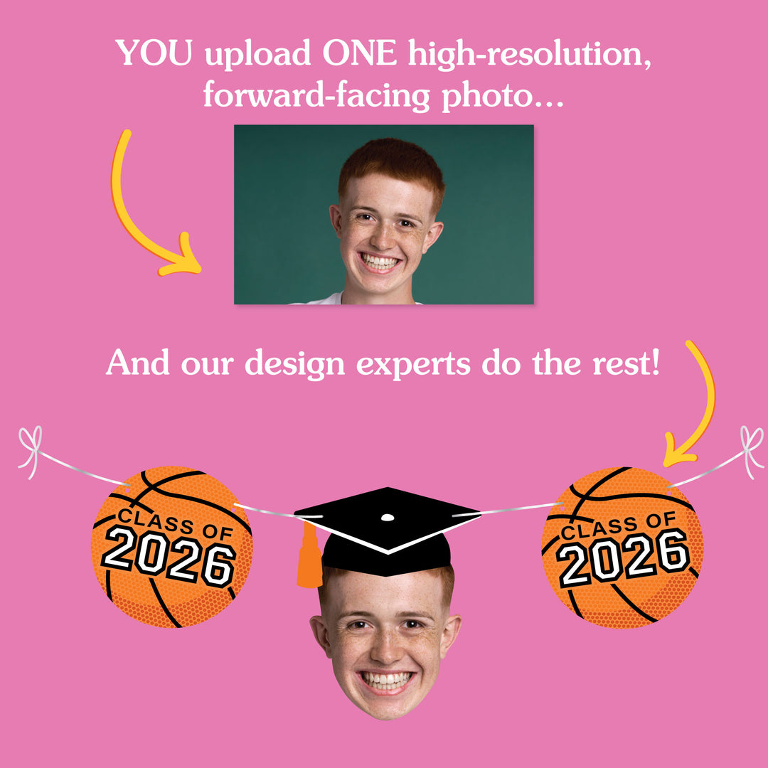 Promotional graphic for a photo design service with basketballs and graduation cap, featuring text inviting users to upload a photo.