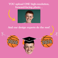 Promotional graphic for a photo design service with basketballs and graduation cap, featuring text inviting users to upload a photo.