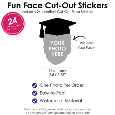 Custom Photo Grad Cap - Graduation Party Favors - Fun Face Cut-Out Stickers - Set of 24