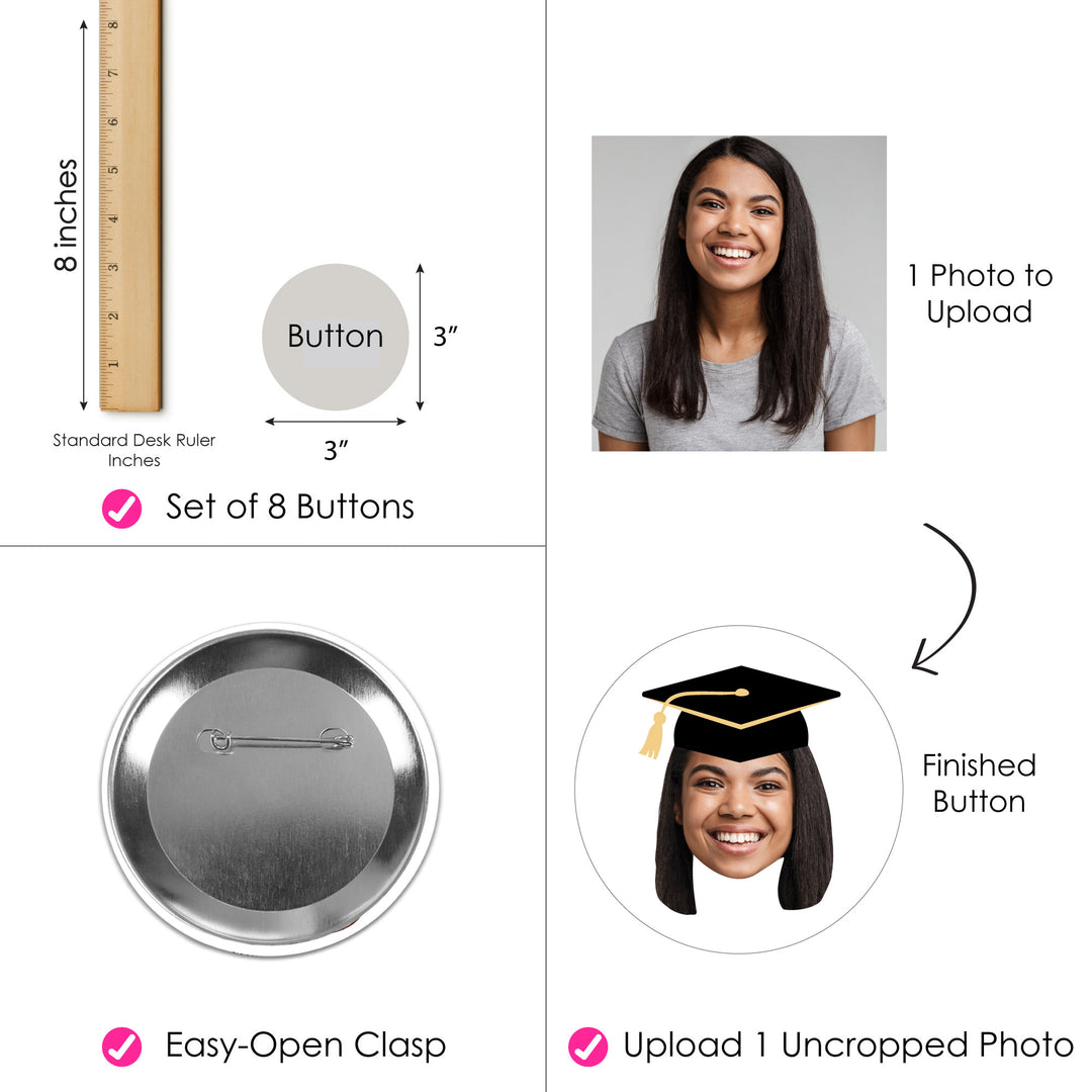 Custom Fun Face Grad Cap Pinback Buttons - 8 Ct